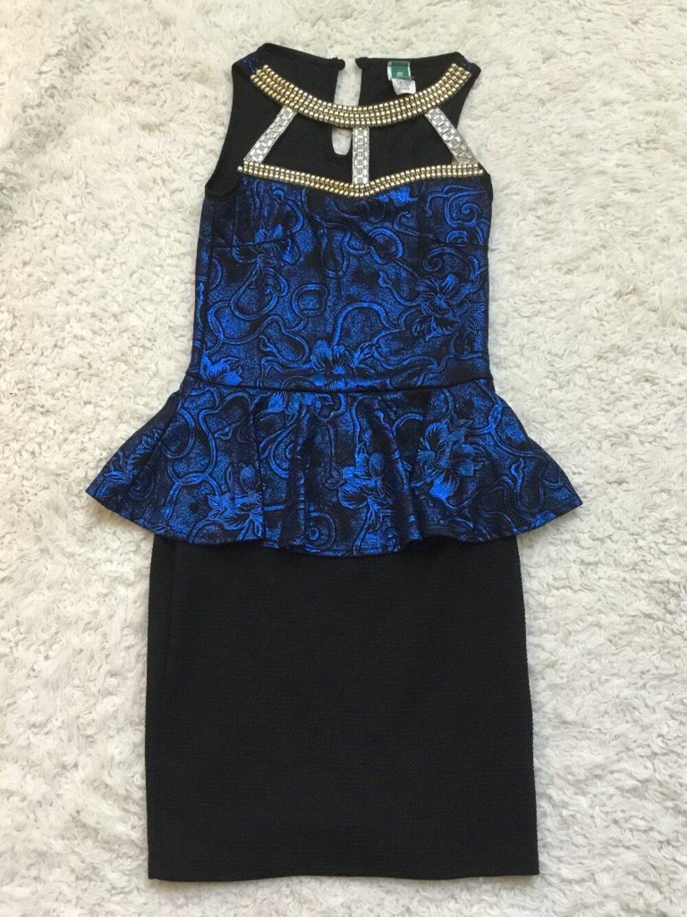Cocktail Party Textured Shiny Bodice Short Dress Stones Flared Peplum Blue S